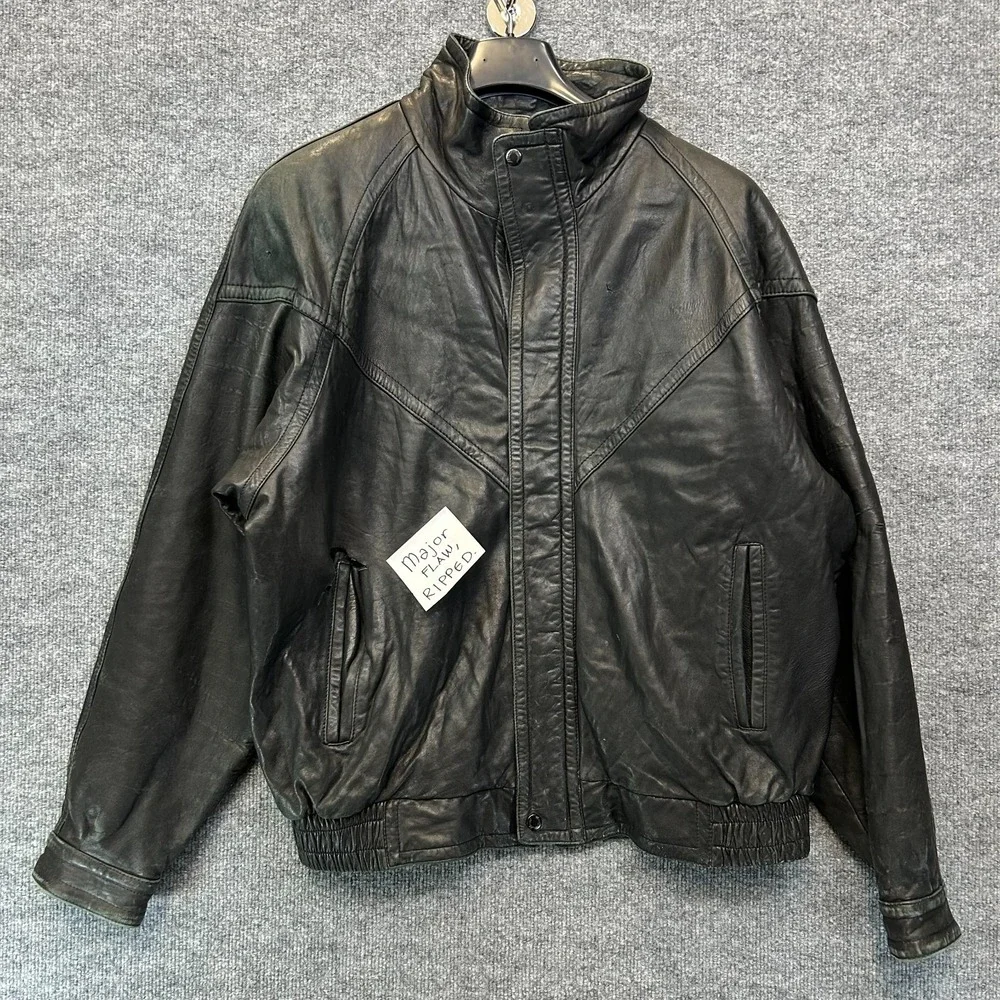 VTG Manno Uomo Flight Bomber Leather Jacket Men's Black Full Zip Motorcycle - XL